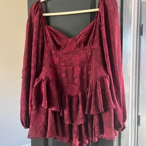 Altar'd State Burgundy Long-Sleeve Ruffle Peplum Romper